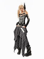 Arielink Black Graffiti Print Faux Layered Off Shoulder Punk Women's Long Sleeve T-shirts
