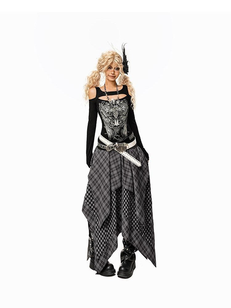 Arielink Black Graffiti Print Faux Layered Off Shoulder Punk Women's Long Sleeve T-shirts