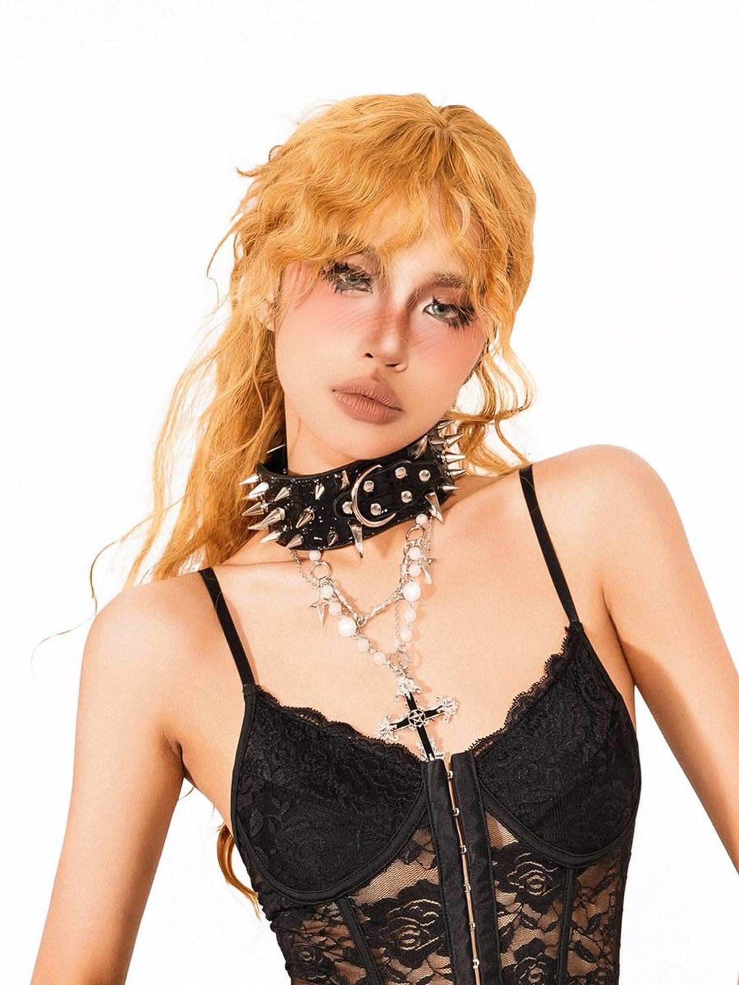 Arielink Black Rose Wolf Fang Punk Multilayer Women's Liquid Metal Heavy Chain Necklaces