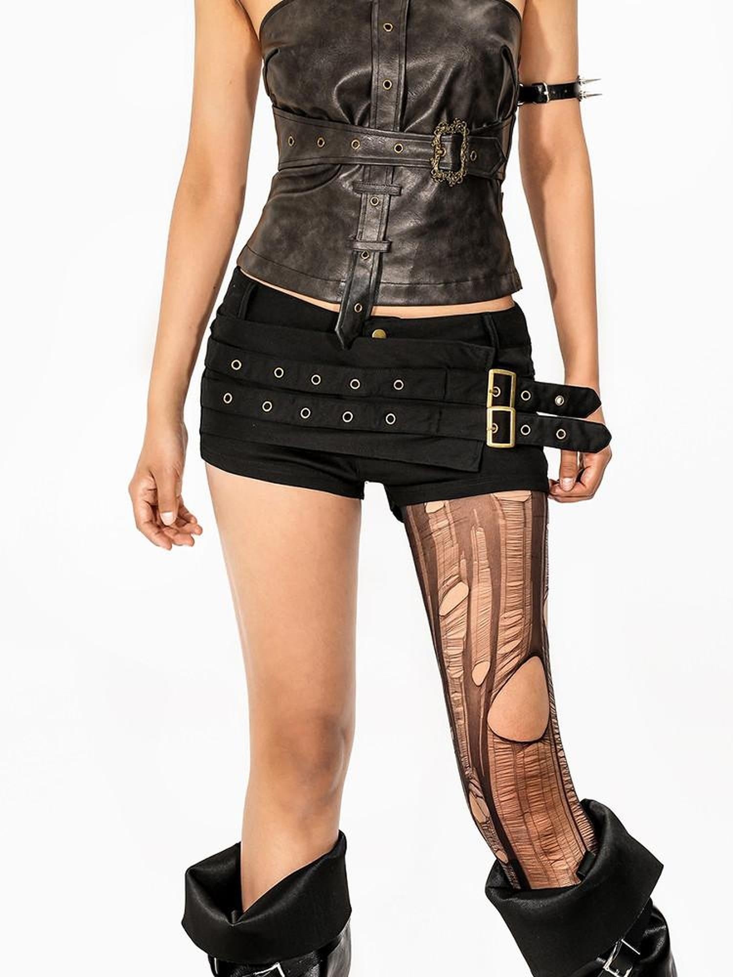 Arielink Black Studded Patchwork Asymmetric Y2k Bodycon Low Rise Women's Denim Shorts