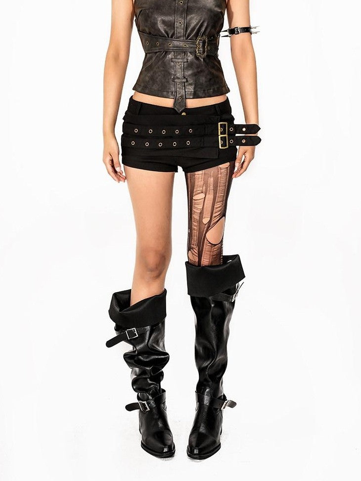 Arielink Black Studded Patchwork Asymmetric Y2k Bodycon Low Rise Women's Denim Shorts