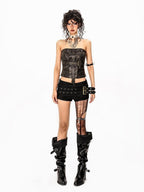 Arielink Black Studded Patchwork Asymmetric Y2k Bodycon Low Rise Women's Denim Shorts