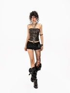 Arielink Black Studded Patchwork Asymmetric Y2k Bodycon Low Rise Women's Denim Shorts