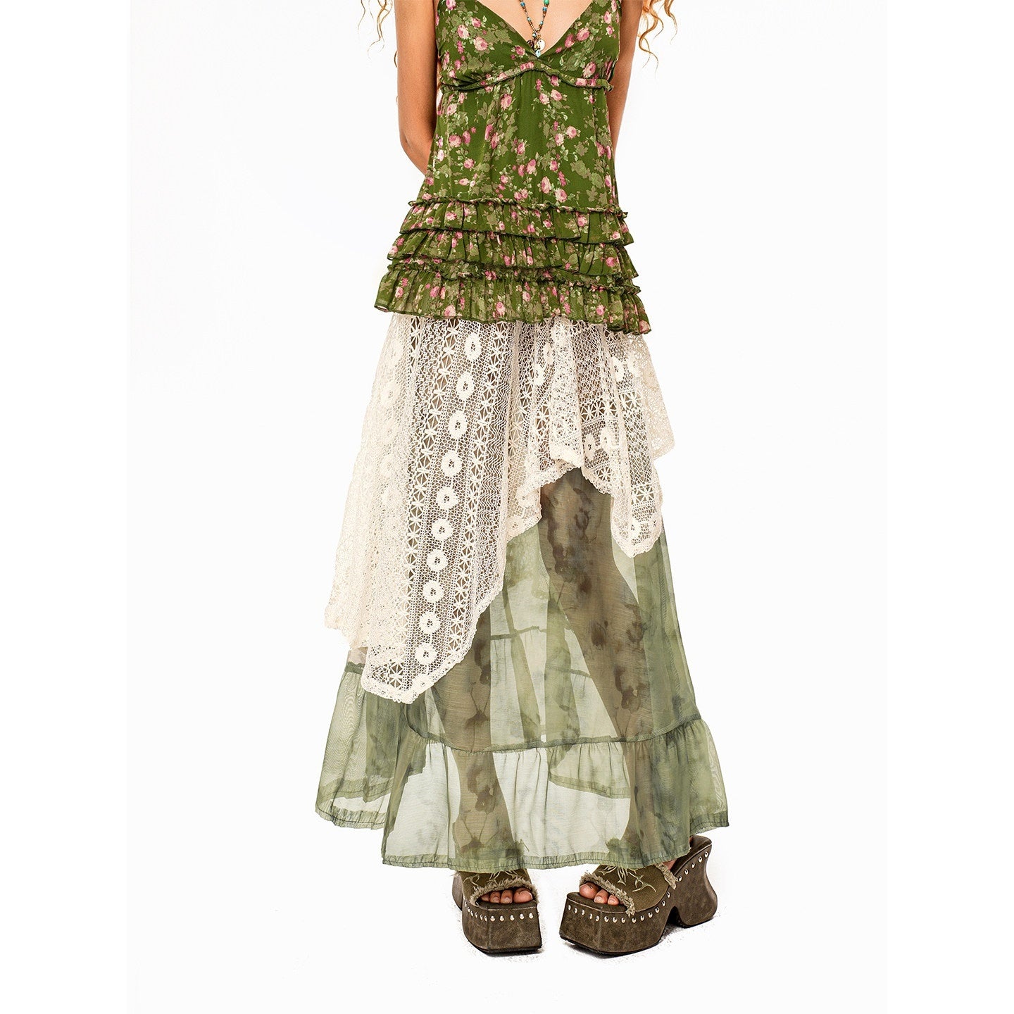 Arielink Boho Asymmetric Patchwork A Line Tulle Lace Women's Handwoven Maxi Skirts 1042725458500
