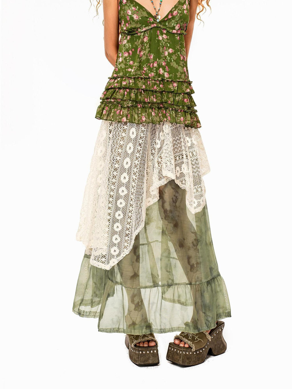 Arielink Boho Asymmetric Patchwork A Line Tulle Lace Women's Handwoven Maxi Skirts