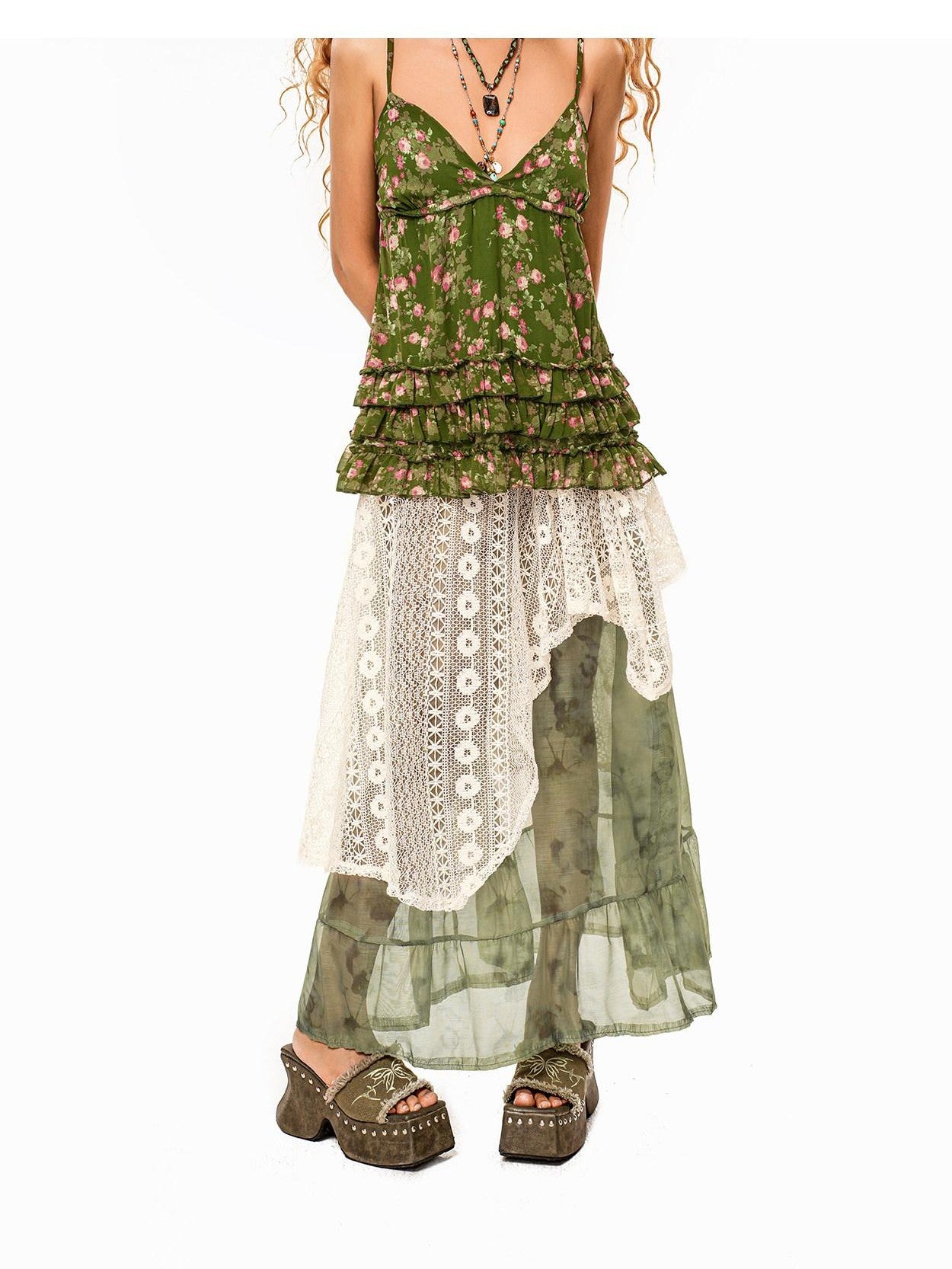Arielink Boho Asymmetric Patchwork A Line Tulle Lace Women's Handwoven Maxi Skirts