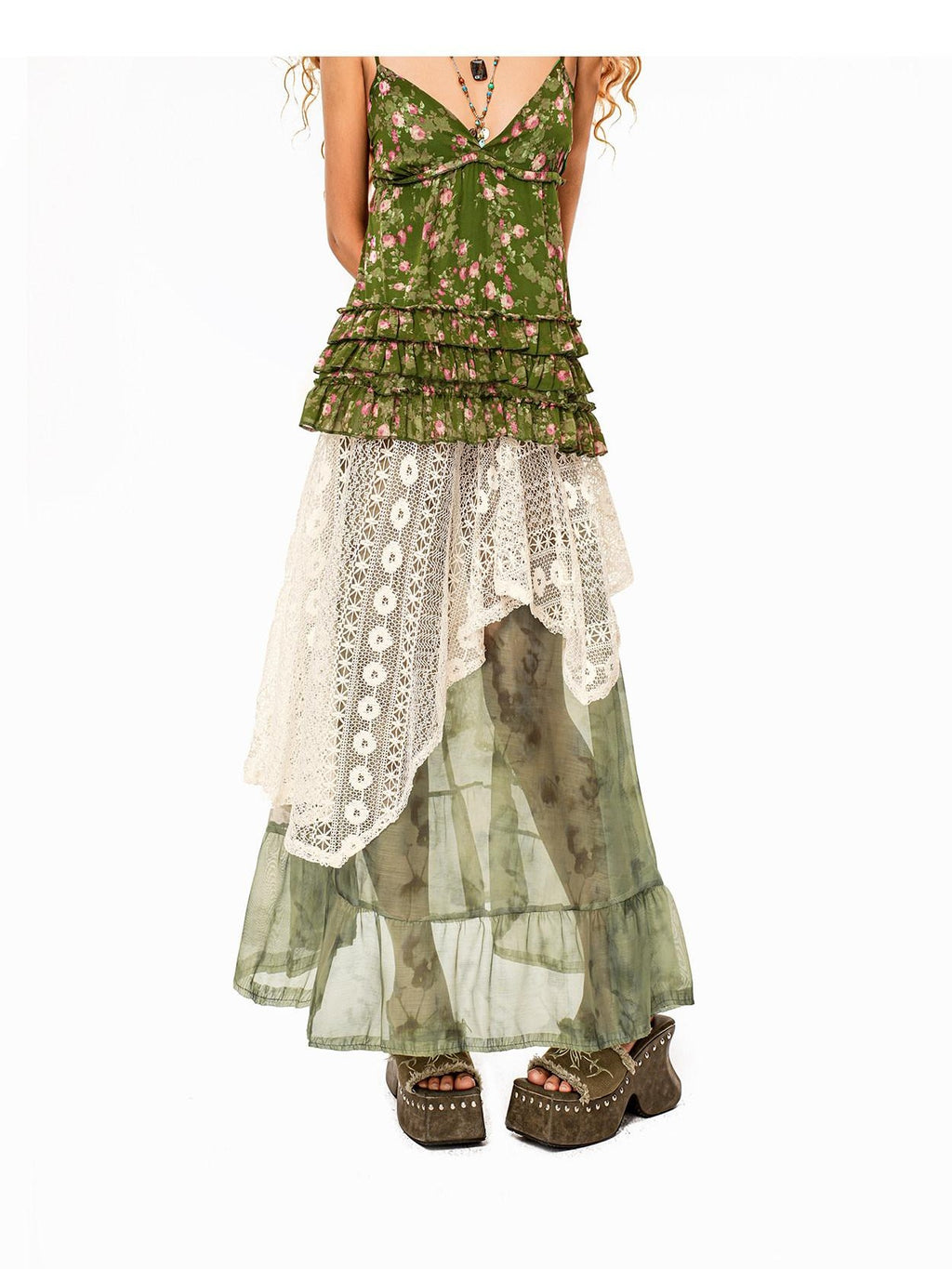 Arielink Boho Asymmetric Patchwork A Line Tulle Lace Women's Handwoven Maxi Skirts
