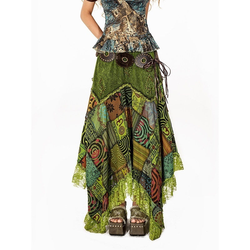 Arielink Boho Distressed Patchwork Asymmetrical A Line Tie Waist Women's Maxi Skirts 901032076055