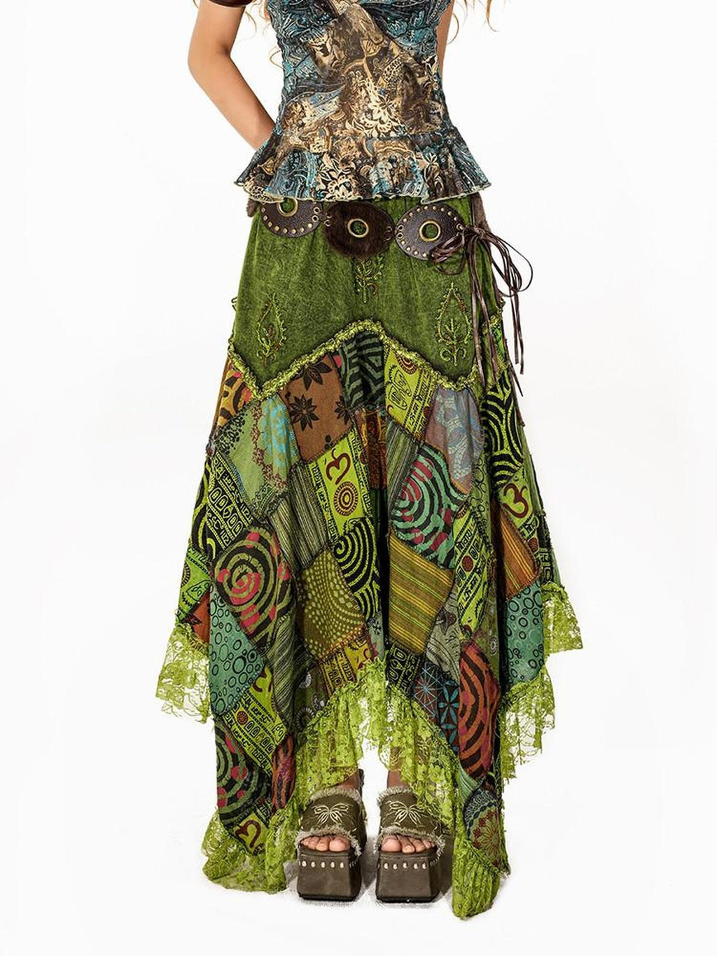 Arielink Boho Distressed Patchwork Asymmetrical A Line Tie Waist Women's Maxi Skirts