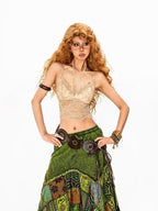 Arielink Boho Distressed Patchwork Asymmetrical A Line Tie Waist Women's Maxi Skirts