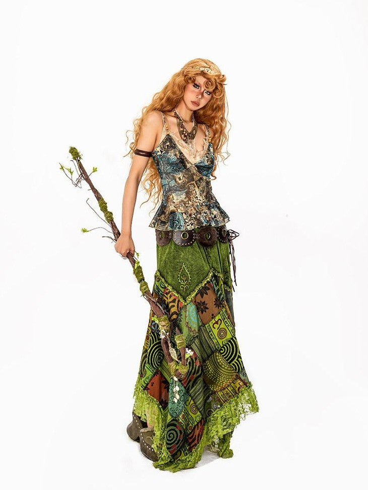 Arielink Boho Distressed Patchwork Asymmetrical A Line Tie Waist Women's Maxi Skirts