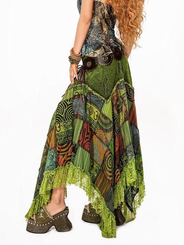 Arielink Boho Distressed Patchwork Asymmetrical A Line Tie Waist Women's Maxi Skirts