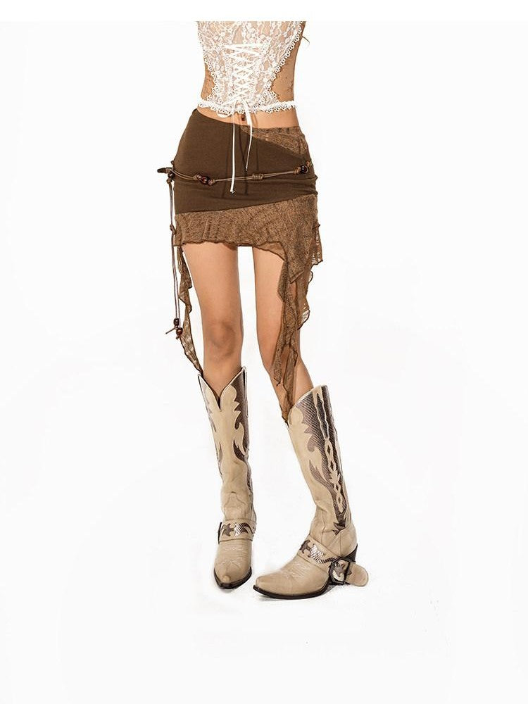 Arielink Boho Distressed Patchwork Fringe Asymmetrical Ruffle Women's A Line Mini Skirts