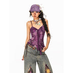 Arielink Boho Floral Print Tie Backless Women's Sheer Mesh Short Slim Camisoles 917170106006