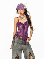 Arielink Boho Floral Print Tie Backless Women's Sheer Mesh Short Slim Camisoles