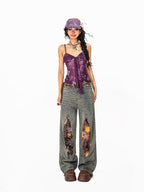 Arielink Boho Floral Print Tie Backless Women's Sheer Mesh Short Slim Camisoles