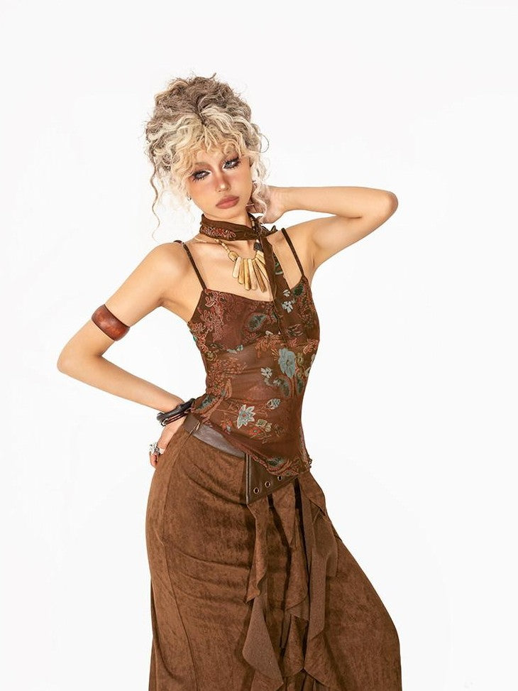 Arielink Boho Floral Print Tie Backless Women's Sheer Mesh Short Slim Camisoles