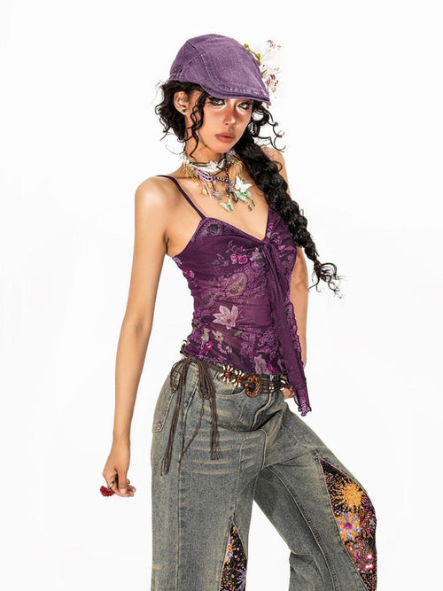 Arielink Boho Floral Print Tie Backless Women's Sheer Mesh Short Slim Camisoles