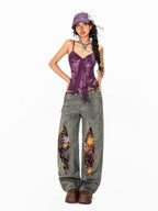 Arielink Boho Floral Print Tie Backless Women's Sheer Mesh Short Slim Camisoles