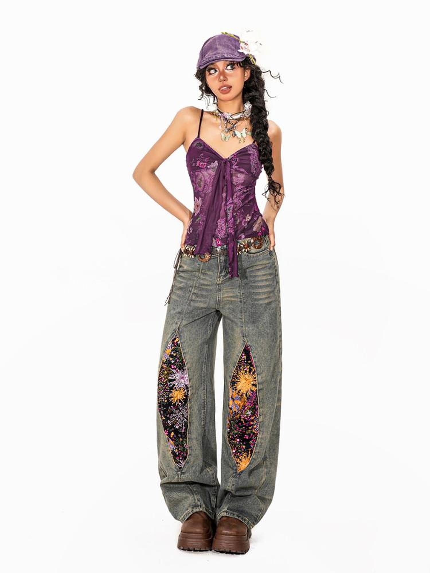 Arielink Boho Floral Print Tie Backless Women's Sheer Mesh Short Slim Camisoles
