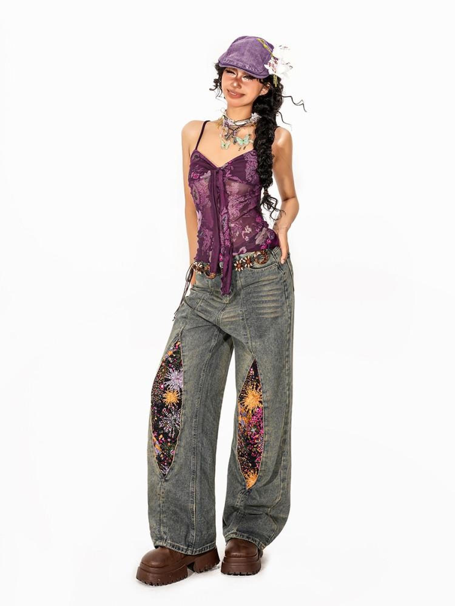 Arielink Boho Floral Print Tie Backless Women's Sheer Mesh Short Slim Camisoles
