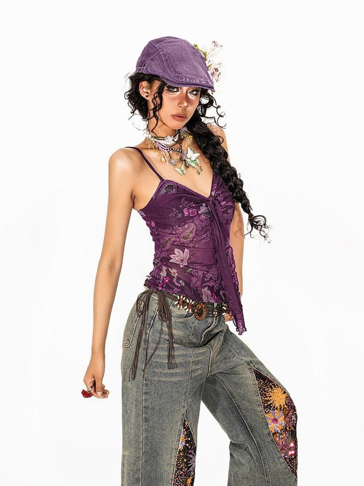 Arielink Boho Floral Print Tie Backless Women's Sheer Mesh Short Slim Camisoles