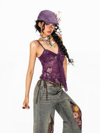 Arielink Boho Floral Print Tie Backless Women's Sheer Mesh Short Slim Camisoles