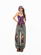 Arielink Boho Floral Print Tie Backless Women's Sheer Mesh Short Slim Camisoles