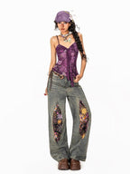 Arielink Boho Floral Print Tie Backless Women's Sheer Mesh Short Slim Camisoles