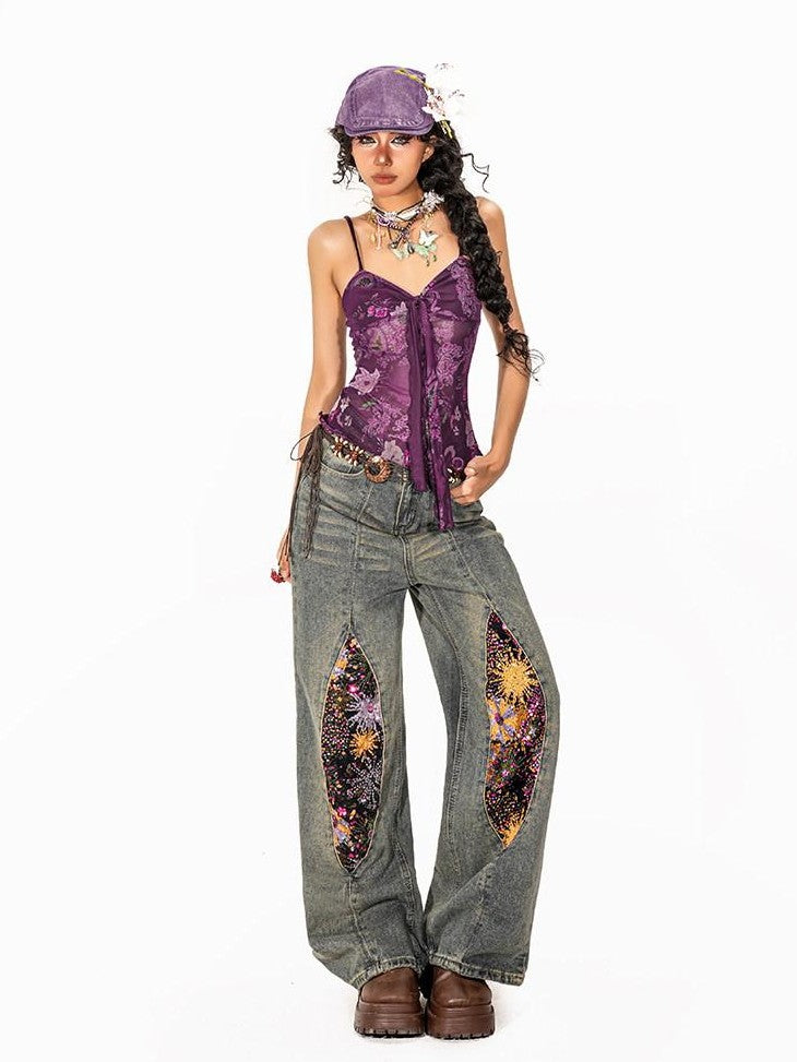 Arielink Boho Floral Print Tie Backless Women's Sheer Mesh Short Slim Camisoles