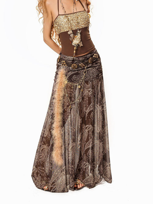 Arielink Boho Paisley Mesh A Line Elastic Waist Women's Tulle Lined Maxi Skirts