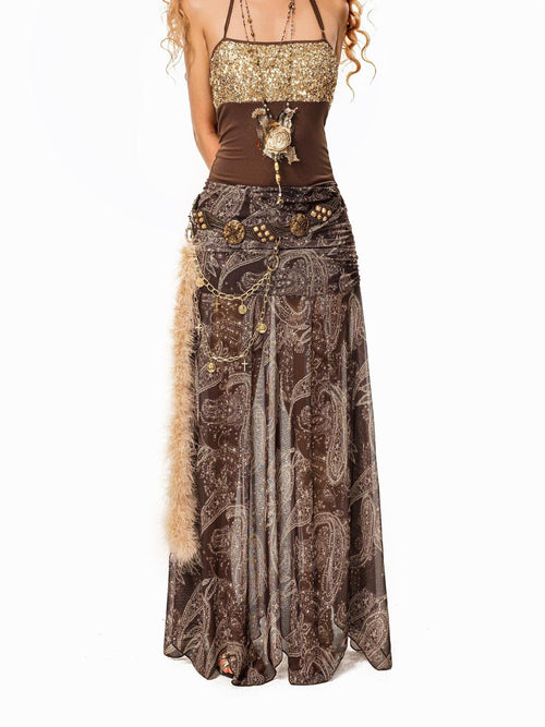 Arielink Boho Paisley Mesh A Line Elastic Waist Women's Tulle Lined Maxi Skirts