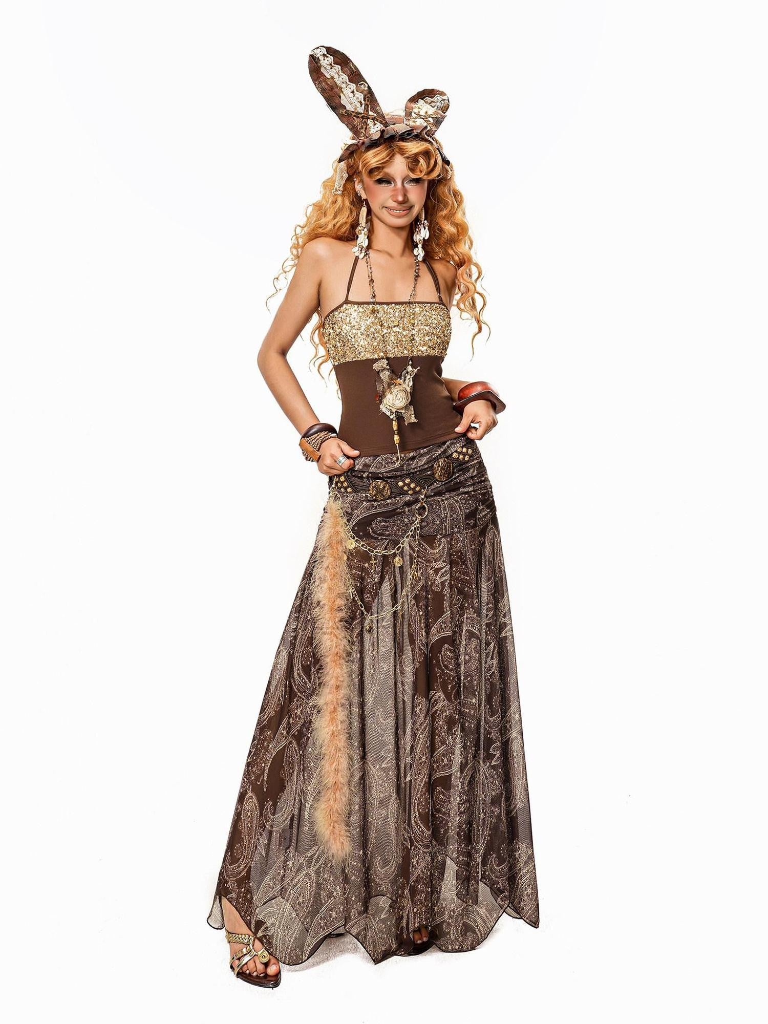 Arielink Boho Paisley Mesh A Line Elastic Waist Women's Tulle Lined Maxi Skirts