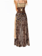 Arielink Boho Paisley Mesh A Line Elastic Waist Women's Tulle Lined Maxi Skirts