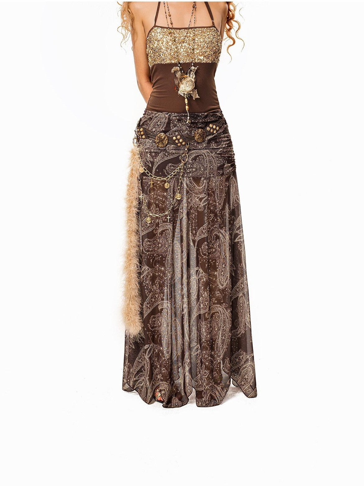Arielink Boho Paisley Mesh A Line Elastic Waist Women's Tulle Lined Maxi Skirts