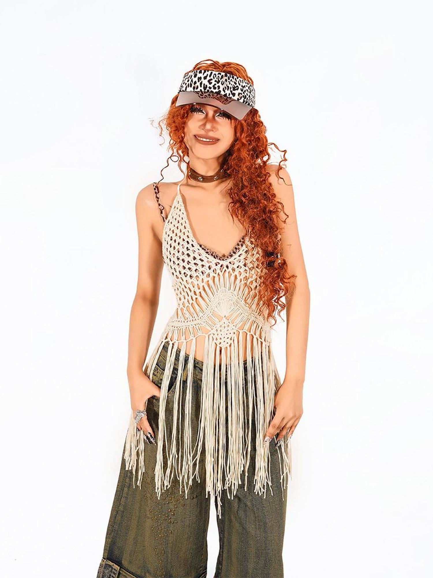 Arielink Boho Tassel Cutout Asymmetric Backless Halter Tie Women's Knit Camisoles