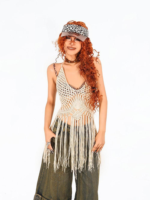 Arielink Boho Tassel Cutout Asymmetric Backless Halter Tie Women's Knit Camisoles
