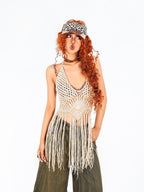 Arielink Boho Tassel Cutout Asymmetric Backless Halter Tie Women's Knit Camisoles