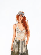 Arielink Boho Tassel Cutout Asymmetric Backless Halter Tie Women's Knit Camisoles