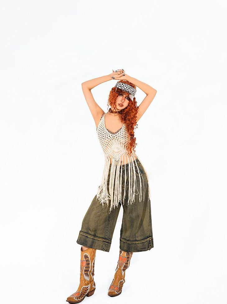 Arielink Boho Tassel Cutout Asymmetric Backless Halter Tie Women's Knit Camisoles