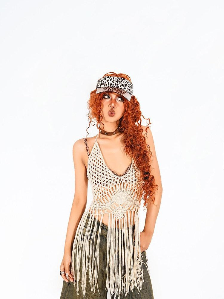 Arielink Boho Tassel Cutout Halter Tie Backless Women's Knit Camisoles