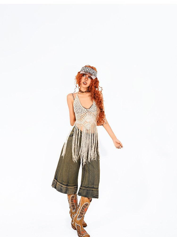 Arielink Boho Tassel Cutout Halter Tie Backless Women's Knit Camisoles