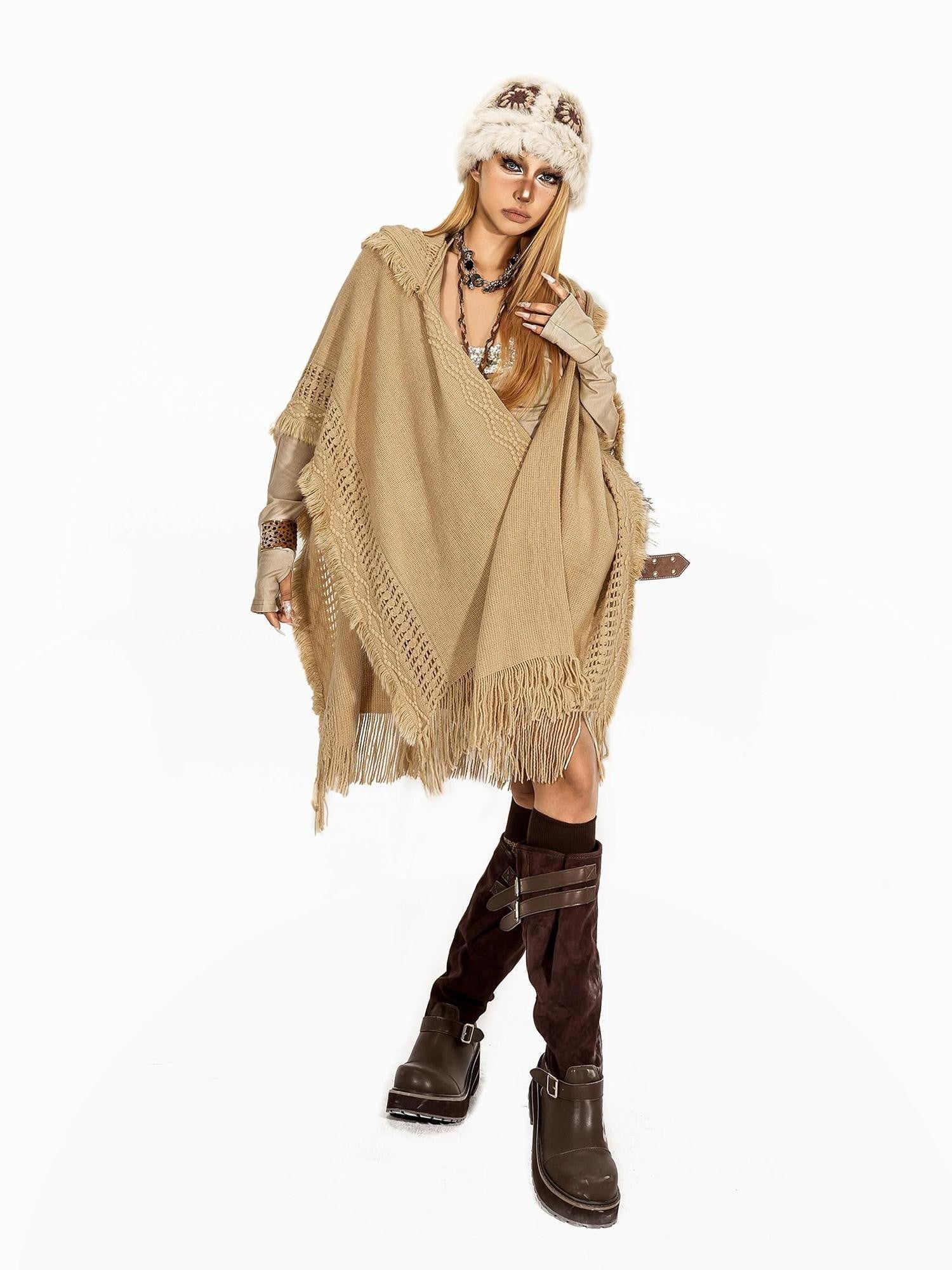 Arielink Boho Vintage Knitted Fringe Hooded Women's Camel Midlength Ponchos