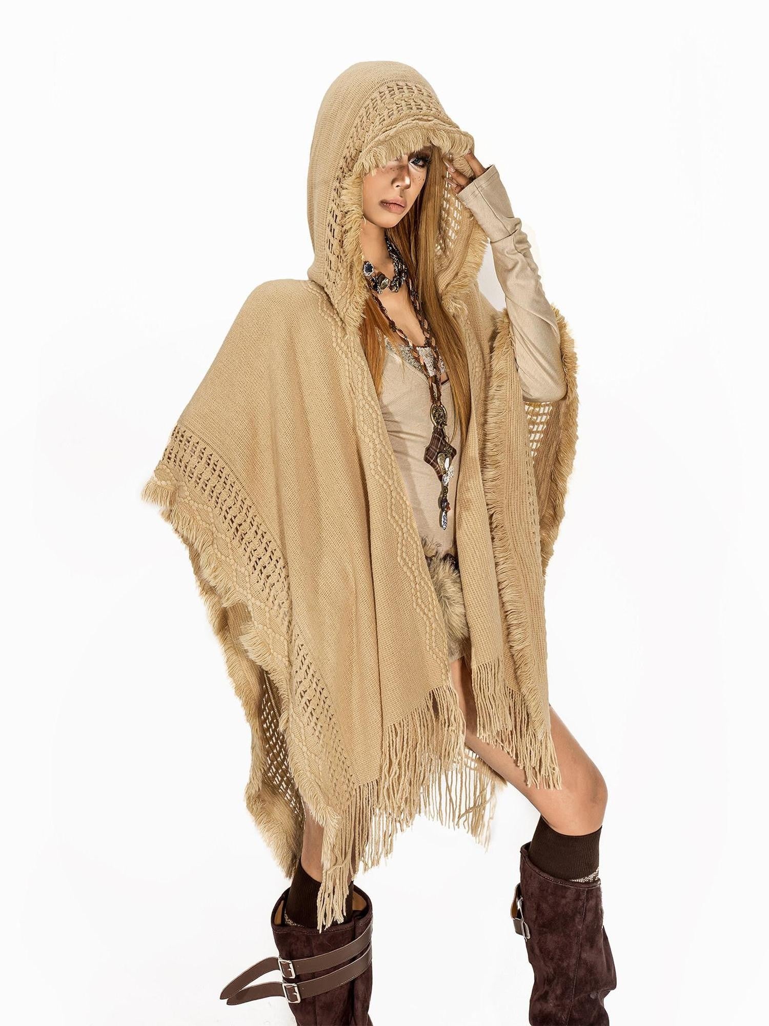 Arielink Boho Vintage Knitted Fringe Hooded Women's Camel Midlength Ponchos