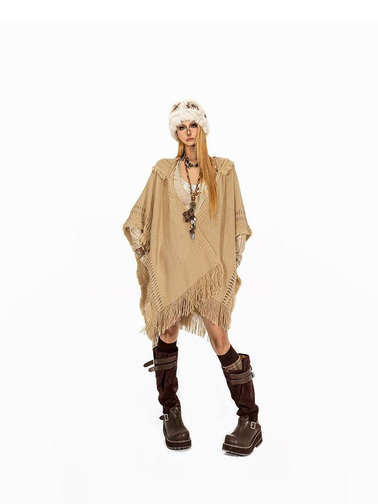 Arielink Boho Vintage Knitted Fringe Hooded Women's Camel Midlength Ponchos