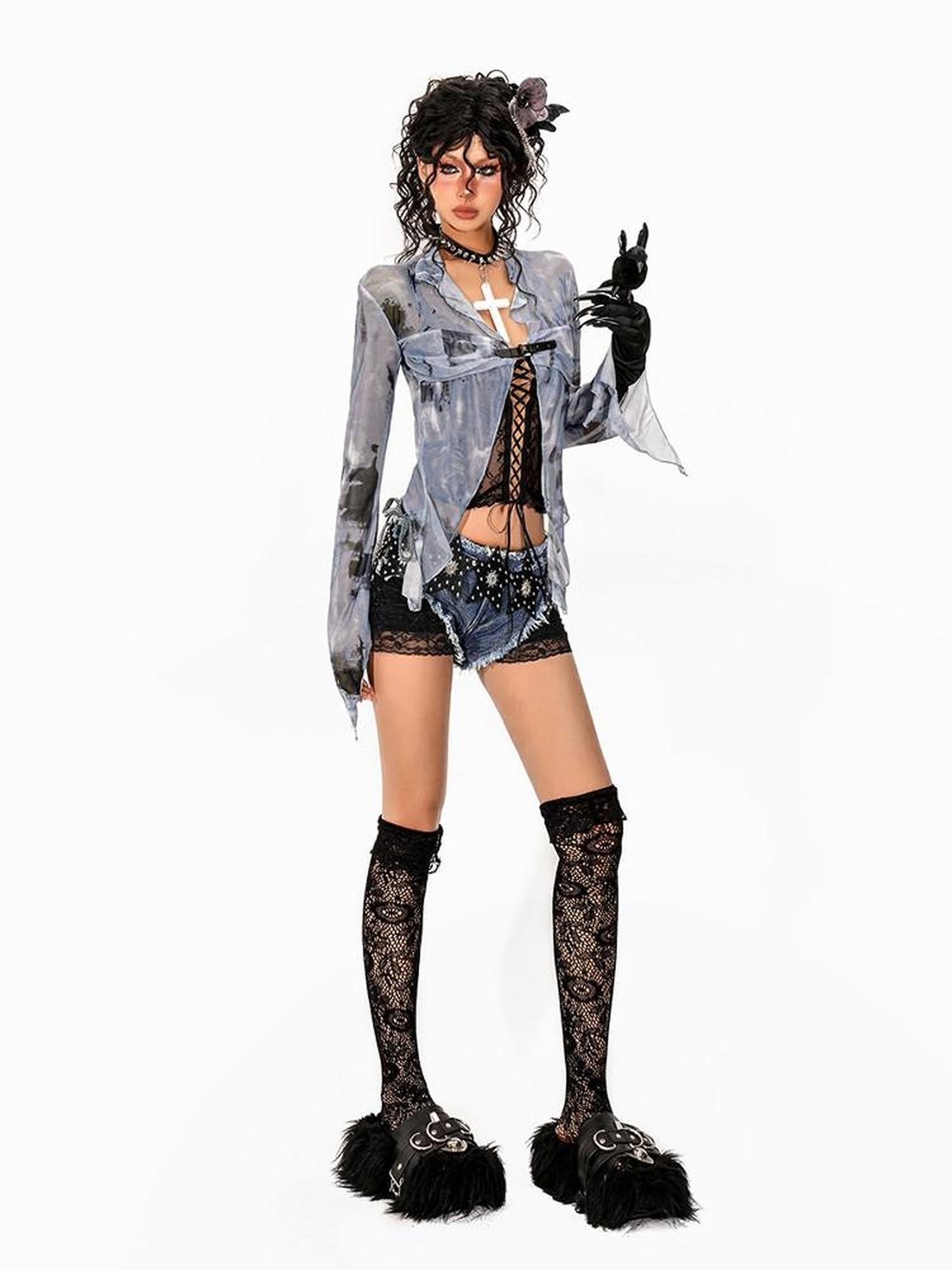 Arielink Butterfly Print Asymmetric Belt Buckle Bell Sleeve Women's Mesh Cardigans