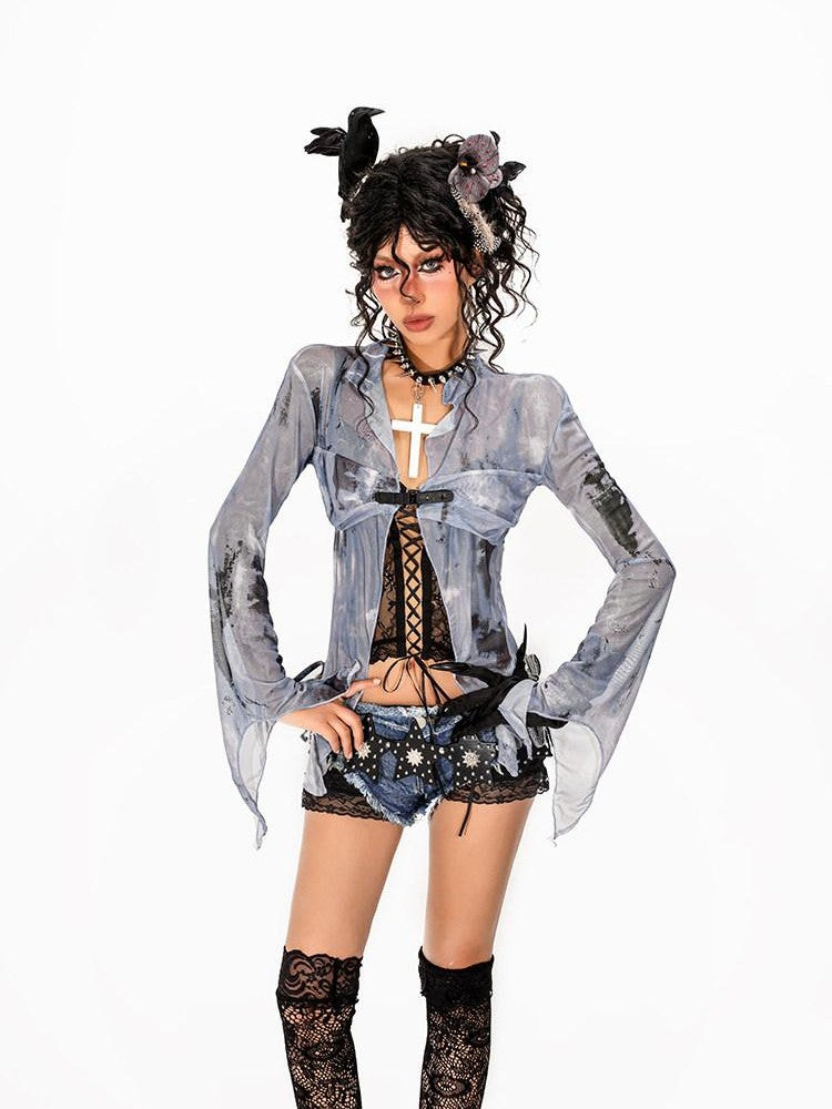 Arielink Butterfly Print Asymmetric Belt Buckle Bell Sleeve Women's Mesh Cardigans