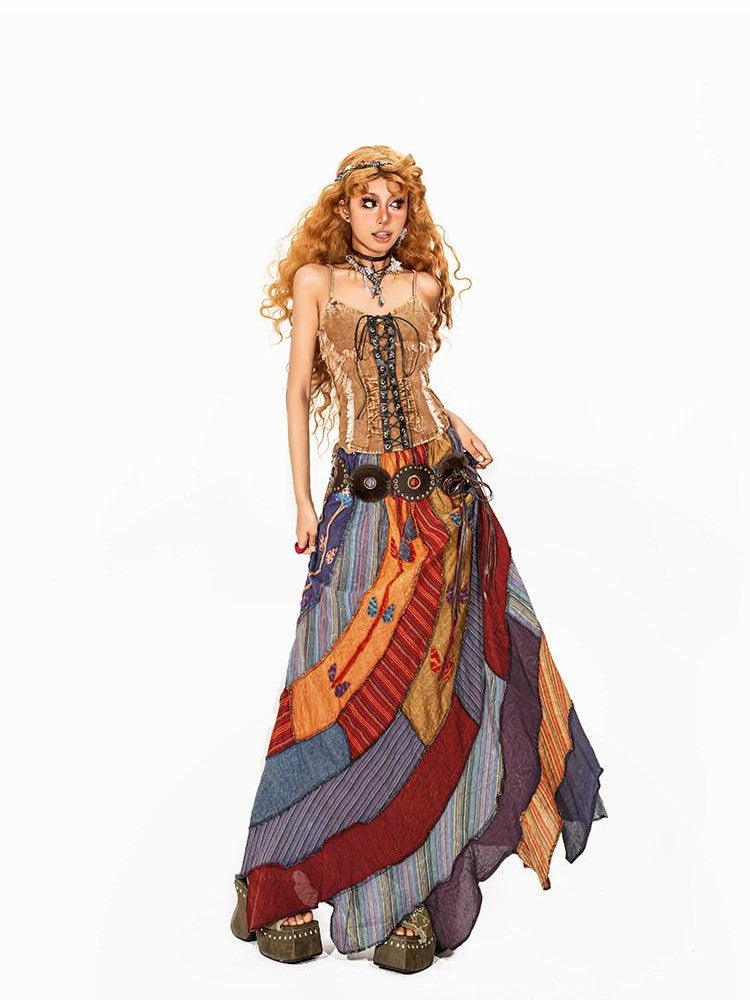Arielink Camel Distressed Tie Asymmetric Open Back Lettuce Edge Women's Camisoles