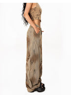 Arielink Camel Distressed Tie Dye Print Halter Backless Cropped Padded Women's Tank Tops