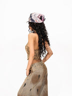 Arielink Camel Distressed Tie Dye Print Halter Backless Cropped Padded Women's Tank Tops